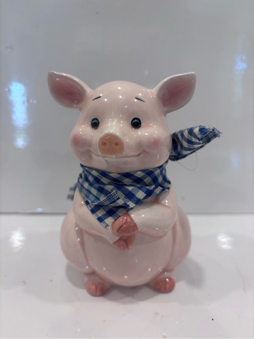 Vintage Pink Ceramic Piggy Bank with Blue Gingham Scarf 5”